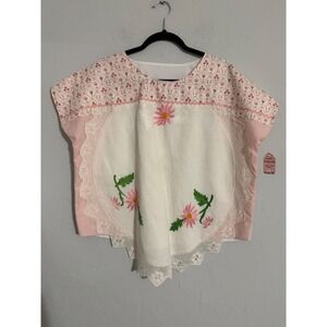 Handmade Vintage Embroidered Floral Boho Pink White Striped Lace Top Blouse